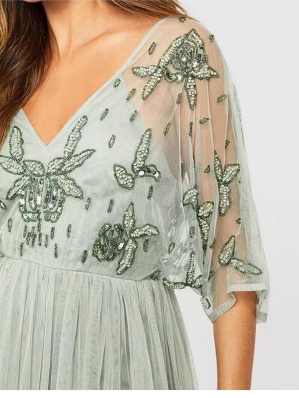 Embellished V-Neck Tulle Dress in Sage Green - Bridesmaids dress